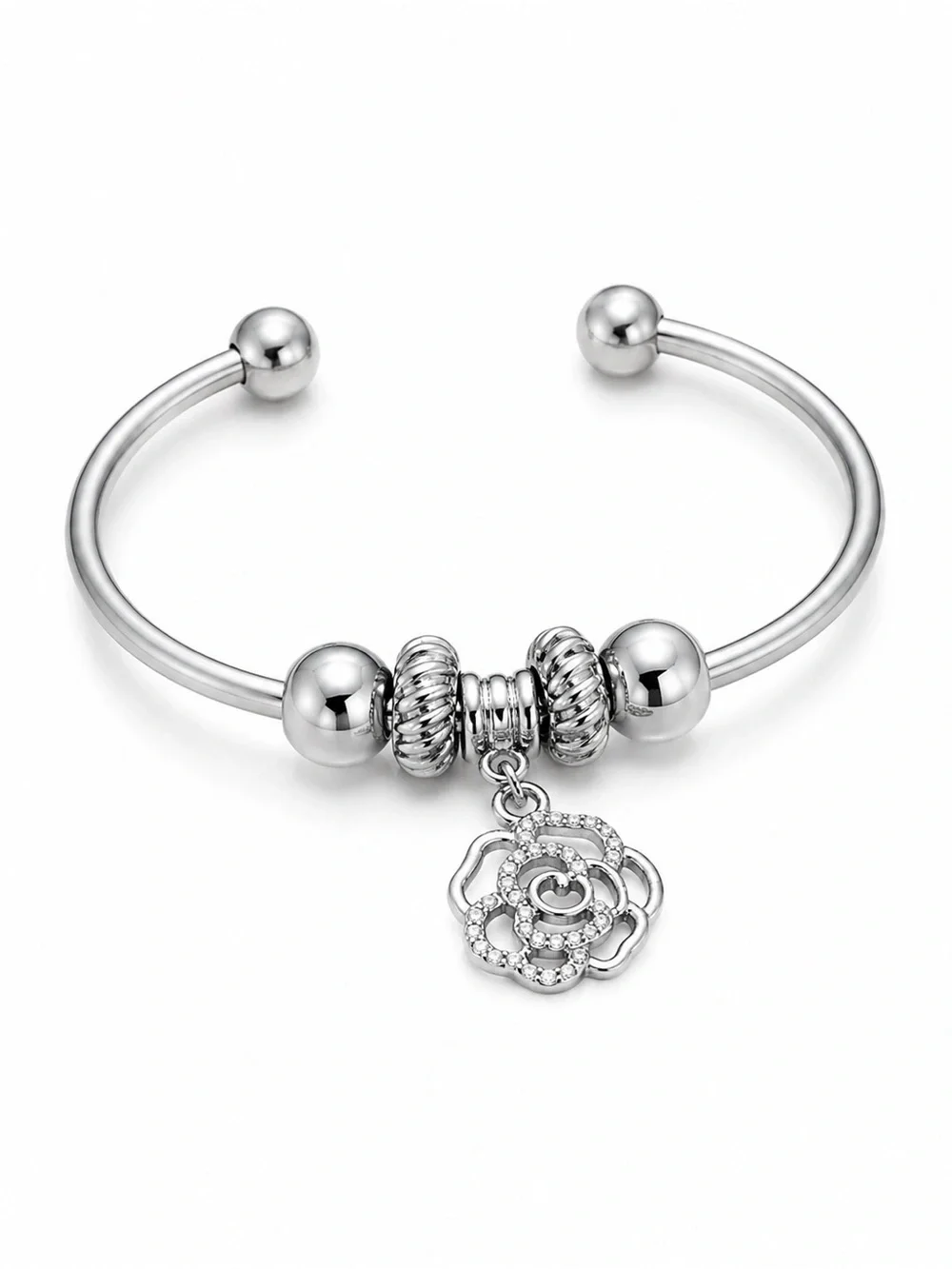 Silver Open Cuff Bangle Bracelet with Crystal Rose Charm Beads